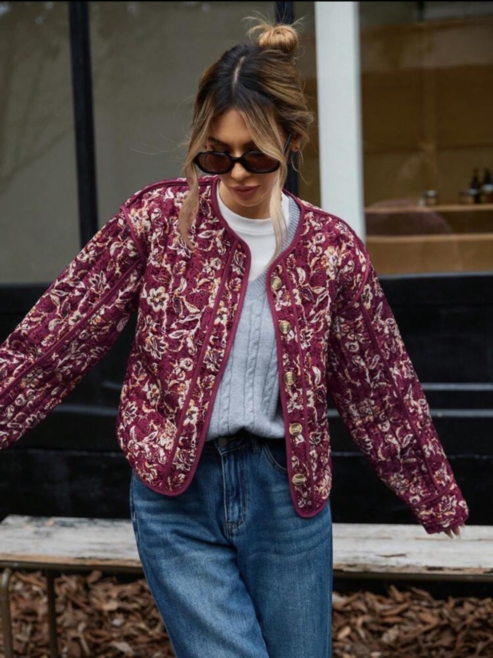 SHEIN Quilted Floral Bomber Jacket in Burgundy